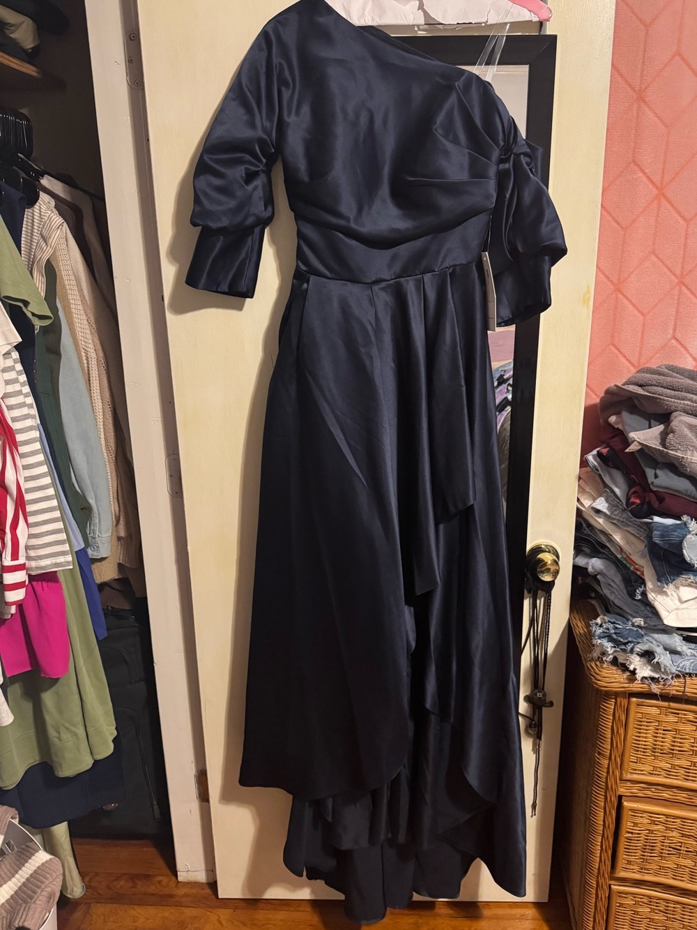 One-Shoulder Navy Satin High-Low Dress